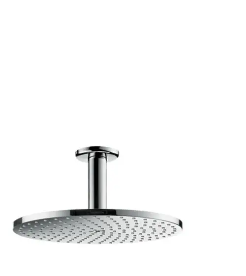 Kopfbrause mit runder, flacher Oberfläche, Deckenanschluss und verchromtem Finish. Produkt von Hansgrohe.